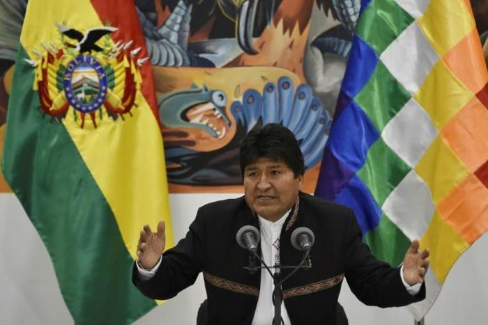 Bolivia's President and presidential candidate Evo Morales speaks during a press conference at the Casa Grande del Pueblo (Great House of the People) in La Paz, on October 23, 2019