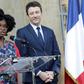 Newly appointed French government spokesperson Sibeth Ndiaye, left, and her predecessor Benjamin Griveaux at a handover ceremony in Paris on Monday