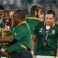 South African President Cyril Ramaphosa congratulated victorious Springboks skipper Siya Kolisi after the Rugby World Cup final in Yokohama