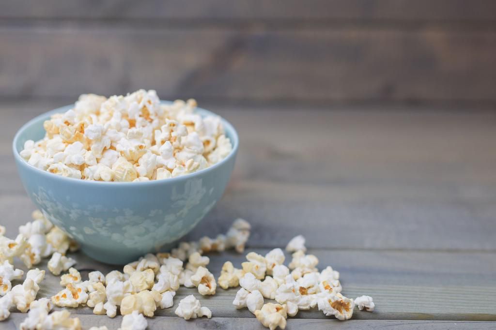 Popcorn in a pastel blue bowl