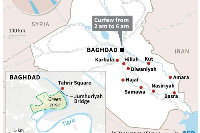 Map showing major protests areas in Iraq since October 1