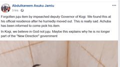 Impeached Nigerian governor forgets to pick his juju from the office as he hands over