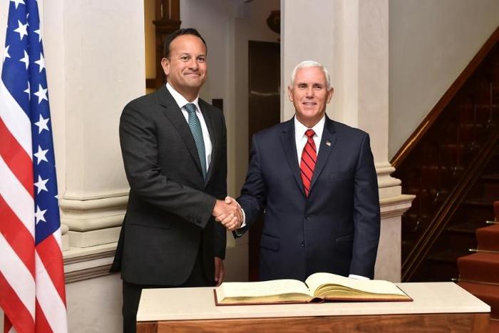 US Vice President Mike Pence shakes hands with Irish Prime Minister Leo Varadkar at Farmleigh House in Phoenix Park, Dublin