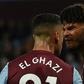 Aston Villa's Anwar El Ghazi remonstrates with team-mate Tyrone Mings