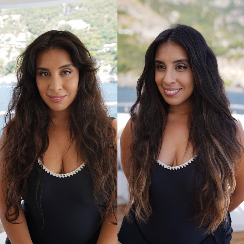 Before (left) and after (right) I-tip application. You can see theres more of a light ombr at my ends.