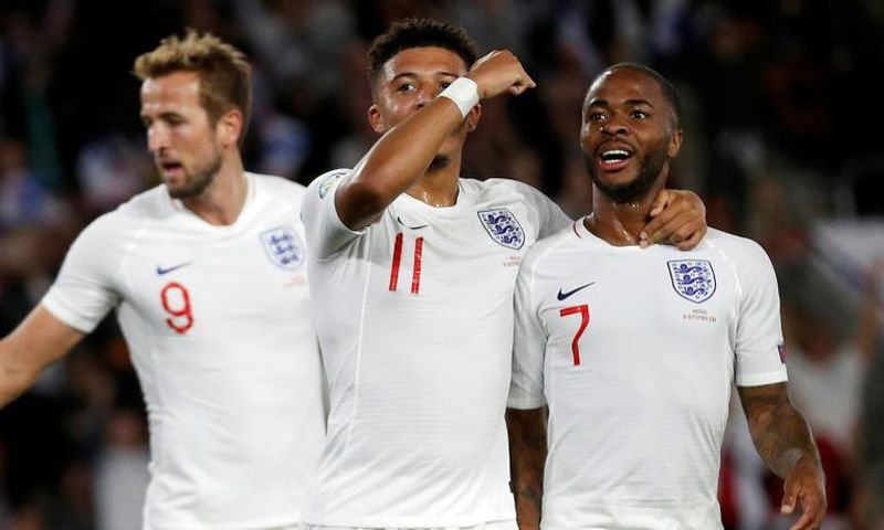 Talented trio: Harry Kane (left), Jadon Sancho (centre) and Raheem Sterling (right) have scored 14 goals in four Euro 2020 qualifiers
