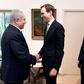 Jared Kushner (C) shakes hands with Israeli Prime Minister Banjamin Netanyahu (L) in Jerusalem as US special representative Jason Greenblatt looks on May 30, 2019