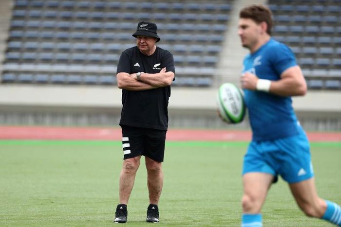 All Blacks coach Steve Hansen oversees a training session in Japan ahead of their opening match against South Africa on Saturday