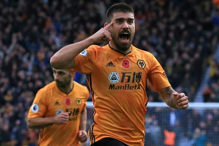 Wolves midfielder Ruben Neves celebrates after scoring against Aston Villa