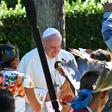 The Pope Francis receives gifts from representatives of indigenous Amazonian communities in the Vatican gardens on October 4. He apologised on Friday after indigenous statuettes were stolen from a church and thrown in the Tiber river