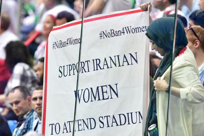 Iranian fans protested the ban on female supporters at football games in the country during last year's World Cup in Russia
