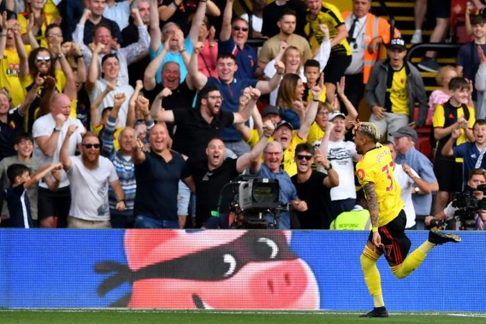 Roberto Pereyra celebrates Watford's equaliser in a 2-2 draw against Arsenal