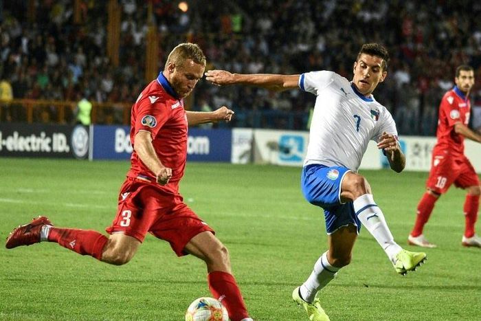 Italy midfielder Lorenzo Pellegrini (R) scored his first goal for the Azzurri against Armenia in September.