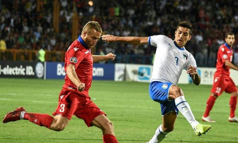 Italy midfielder Lorenzo Pellegrini (R) scored his first goal for the Azzurri against Armenia in September.