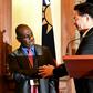 Taiwan Foreign Minister Joseph Wu shakes hands with Solomon Islands' Foreign Minister Jeremiah Manele during a press conference in Taipei. The Solomon Islands is mulling scrapping diplomatic links with Taipei in favour of Beijing