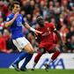 Senegalese Sadio Mane (R) scores for Liverpool against Leicester City at Anfield
