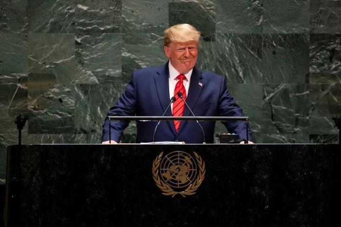 US President Donald Trump is seen here addressing the UN General Assembly in September 2019 -- the United States is one of the dozens of countries behind on their UN dues