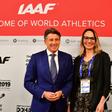 The IAAF's re-elected president Sebastian Coe poses with the athletics body's first female vice president Ximena Restrepo
