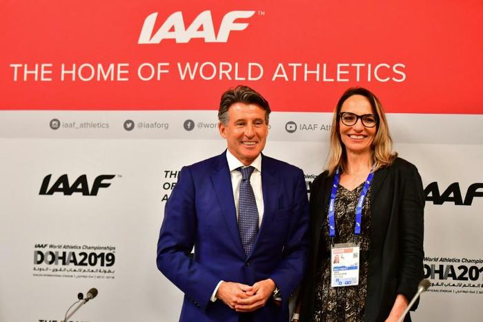 The IAAF's re-elected president Sebastian Coe poses with the athletics body's first female vice president Ximena Restrepo