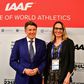 The IAAF's re-elected president Sebastian Coe poses with the athletics body's first female vice president Ximena Restrepo