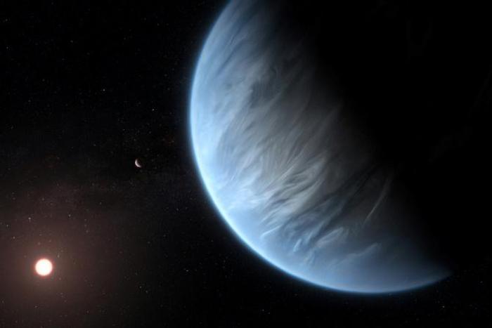 An ESA/Hubble artist's impression of the K2-18b super-Earth, the only super-Earth exoplanet known to host both water and temperatures that could support life