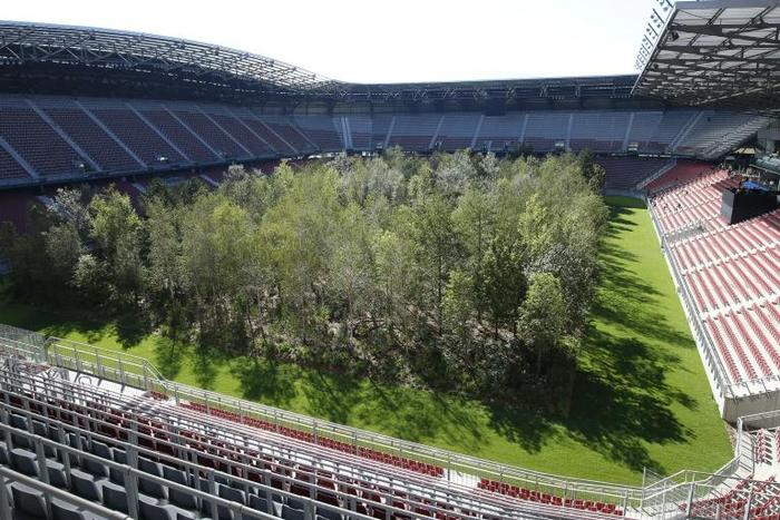 The temporary art intervention "For Forest - The Unending Attraction of Nature" by Klaus Littmann has turned the Woerthsee football stadium in Klagenfurt, Austria into a forest, consisting of about 300 trees