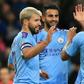 Sergio Aguero (L) celebrates scoring for Manchester City against Southampton