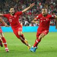 Turkey players reportedly made a military salute after Cenk Tosun (right) scored a last-gasp winning goal in the 1-0 win against Albania on Friday