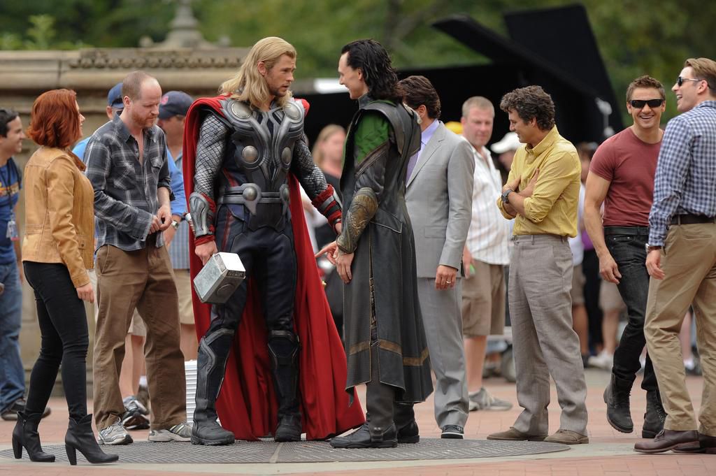 Chris Hemsworth and Tom Hiddleston filming The Avengers in 2011.