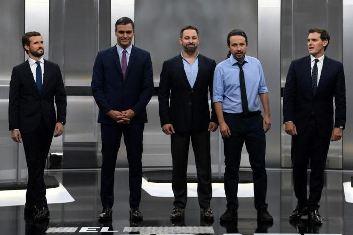 Running in Sunday's vote are: Pablo Casado of the rightwing PP, Socialist premier Pedro Sanchez, Santiago Abascal of the far-right Vox, Pablo Iglesias of the radical leftwing Podemos and Albert Rivera of the centre-right Ciudadanos