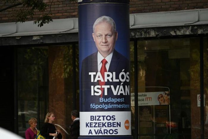Campaign billboard for city mayor Istvan Tarlos in Budapest ahead of municipal elections seen as a rare chance for the opposition to roll back the power of Prime Minister Viktor Orban