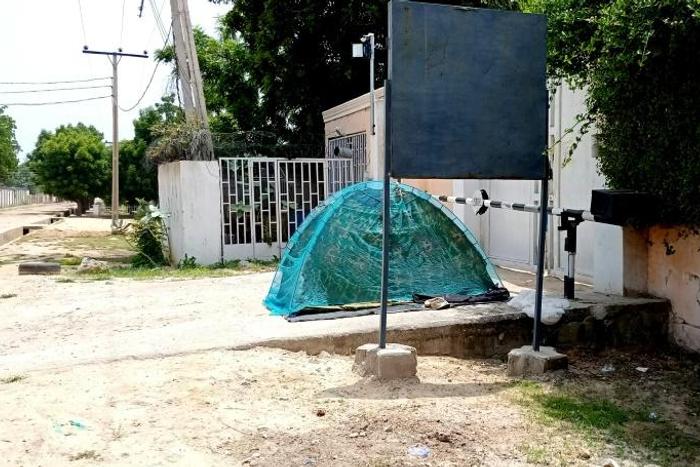 The barred entrance to the Maiduguri offices of the Mercy Corps humanitarian group which the Nigerian army closed in September