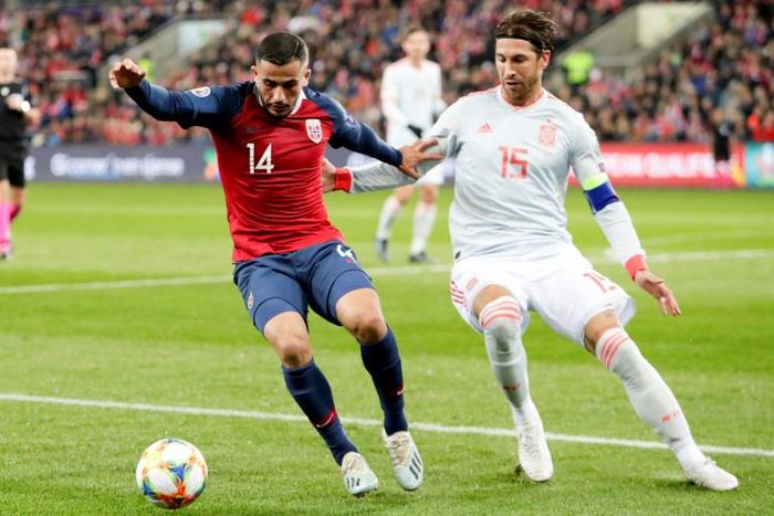 Sergio Ramos (right) takes on Norway defender Omar Elabdellaoui