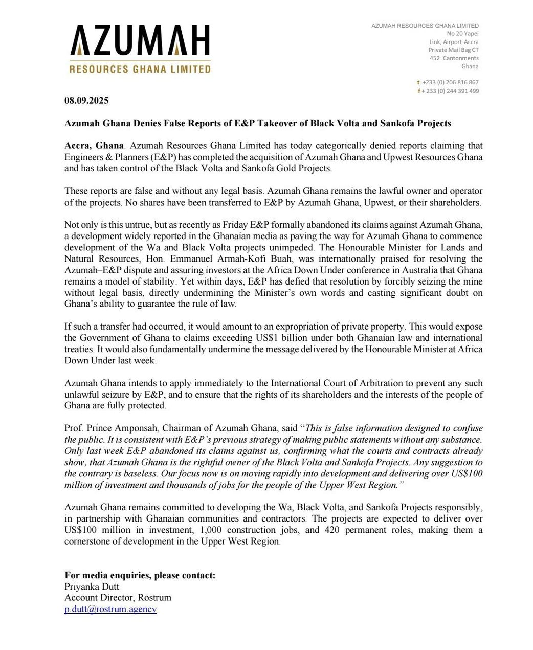 Azumah Resources Ghana Limited statement