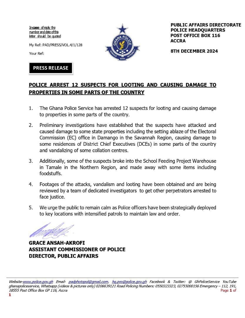 12 arrested for looting and vandalising properties in Tamale and Damongo