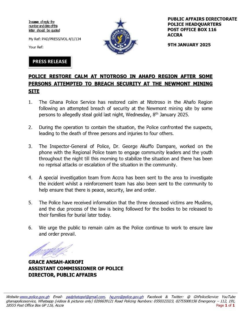 Police restore calm at Ntotroso after attempted breach of Newmont mining site; 3 dead, 4 injured