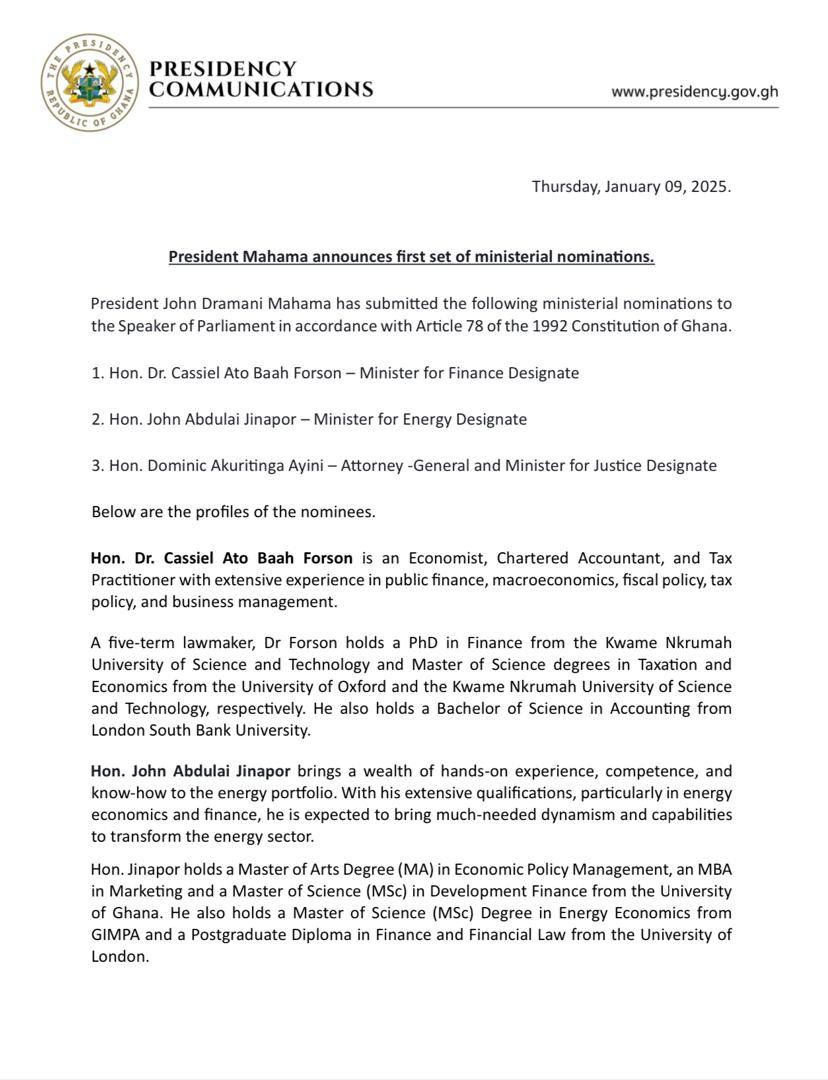 President Mahama names Minister-designates for Finance, Energy and Attorney-General