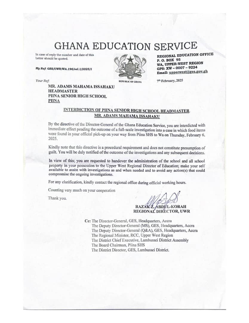 GES interdicts Piina SHS headmaster over food smuggling