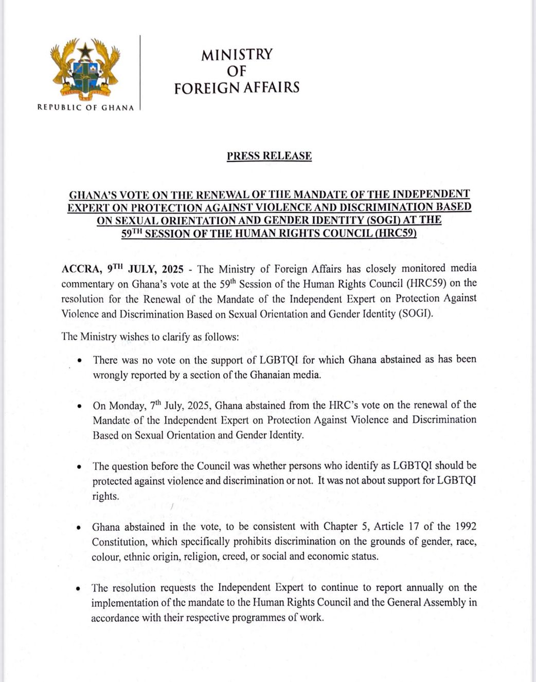 ‘There was no vote on support for LGBTQI’ – Foreign Affairs ministry clarifies UN abstention