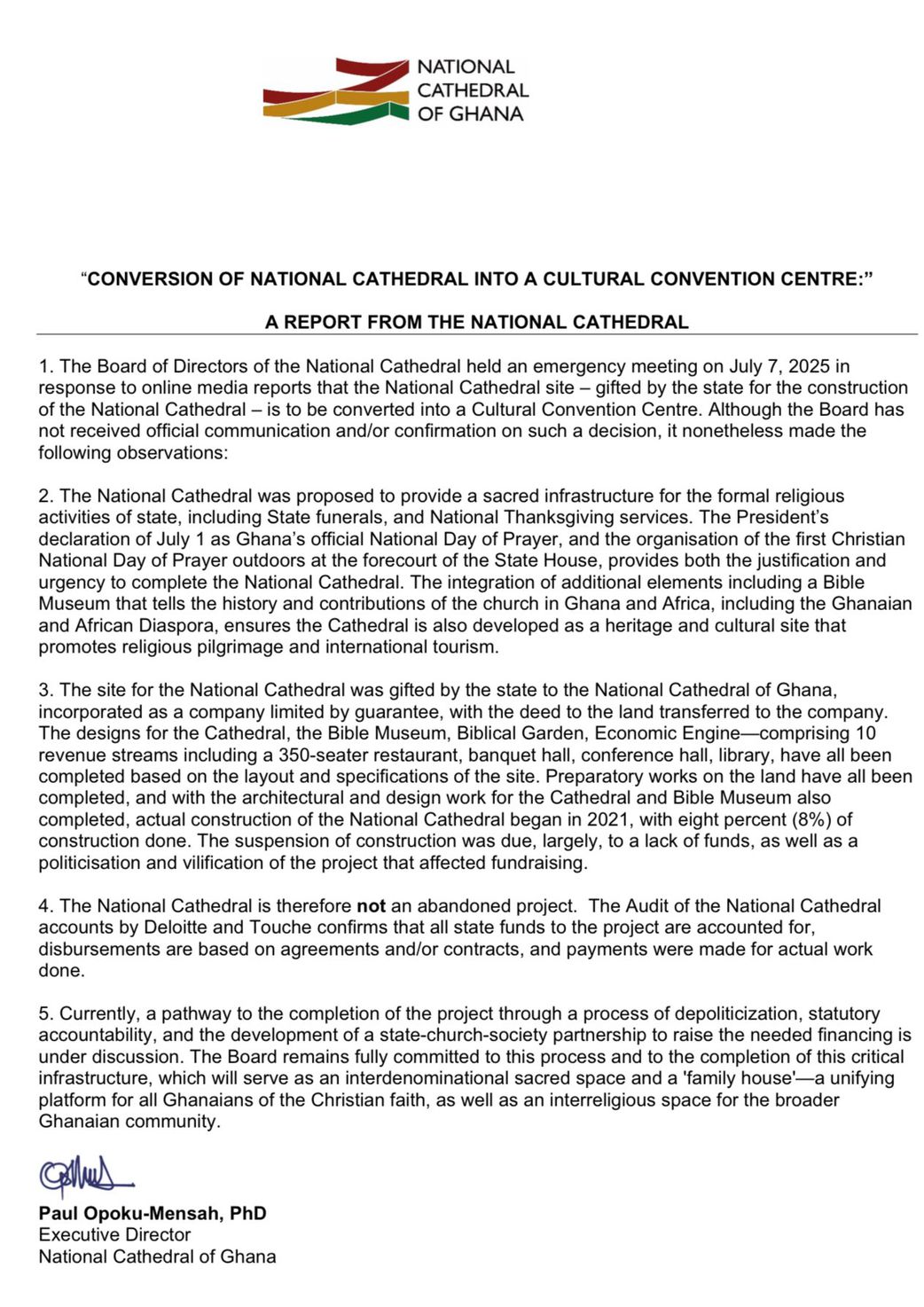 National Cathedral must be completed, not converted - Board insists