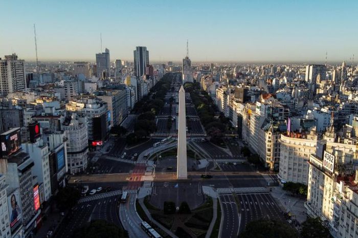 Aerial view of the empty 9 de Julio avenue in Buenos Aires, on March 20, 2020