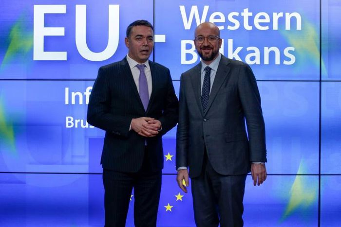 North Macedonia's Foreign Minister Nikola Dimitrov (L) was among Balkan nation leaders who met European Council President Charles Michel for talks