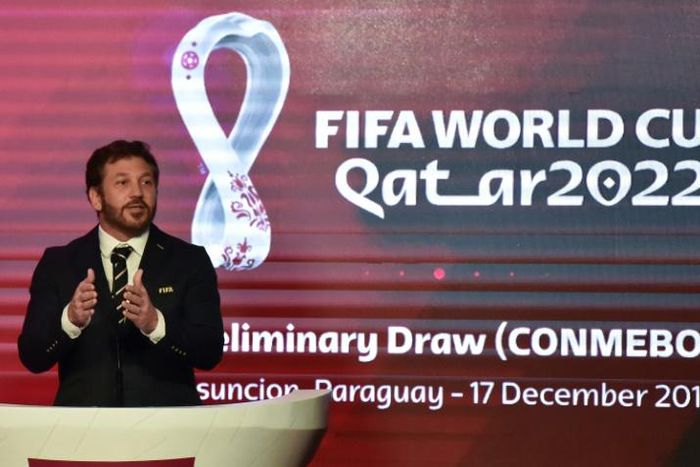 The president of the South American Football Confederation (CONMEBOL), Paraguayan Alejandro Dominguez, delivers a speech during the CONMEBOL’s preliminary draw for Qatar 2022 FIFA World Cup in Luque, Paraguay, on December 17, 2019.