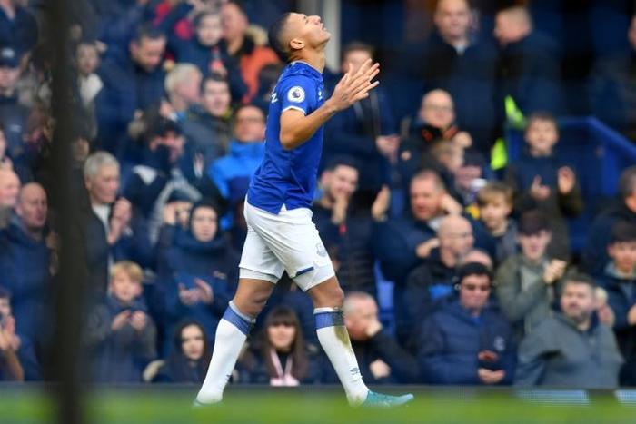 Everton forward Richarlison celebrates after scoring against Chelsea at Goodison Park