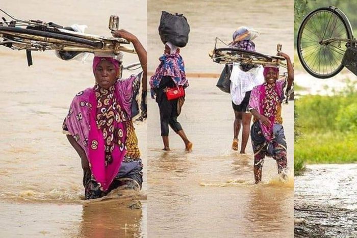 Photos of Ghanaian women dangerously crossing a stream with their babies are heart-stopping