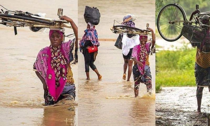Photos of Ghanaian women dangerously crossing a stream with their babies are heart-stopping