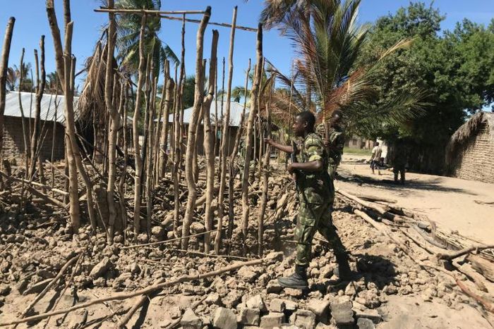 Northern Mozambique has suffered a string of deadly attacks by a shadowy jihadist group since October 2017. Pictured: the aftermath of a raid on the village of Naunde in June 2018 in which seven people were hacked to death and 164 homes torched
