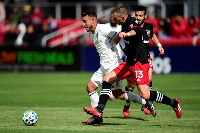 Major League Soccer players such as Colorado's Andre Shinyashiki, left, and DC United's Frederic Brillant, right, will have to wait until at least May 10 before league matches return from a coronavirus shutdown, the league announced Thursday