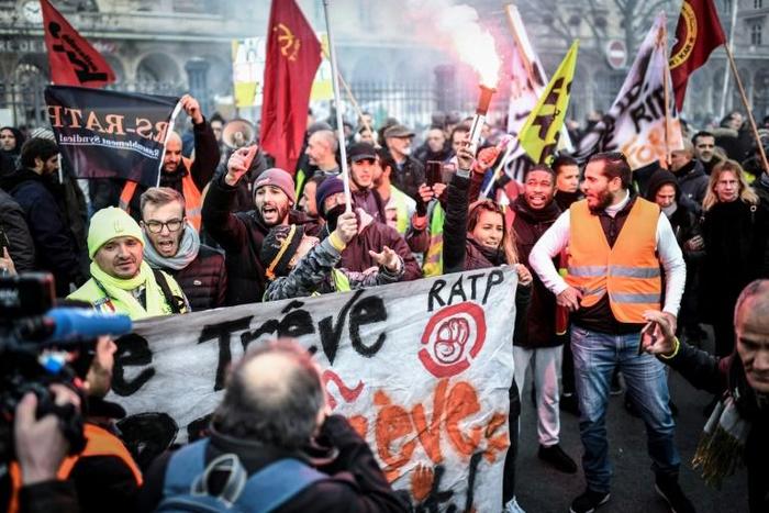 A demonstration by rail workers and employees of Paris' RATP public transport operator near the Gare de l'Est train station was part of a nationwide multi-sector strike against the French government's pensions overhaul.