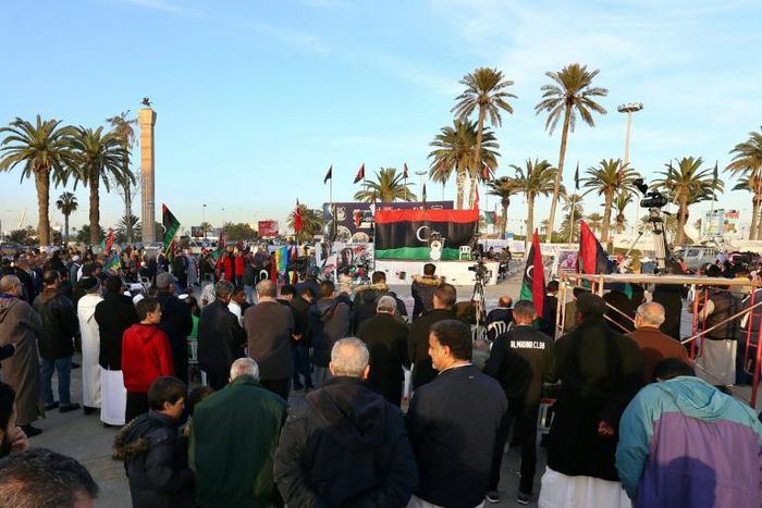 Libyans take part in a demonstration against eastern strongman Khalifa Haftar -- who is backed by France, Russia and others -- and in support of the UN-recognised Government of National Accord (GNA), at Martyrs' Square in the GNA-held capital Tripoli